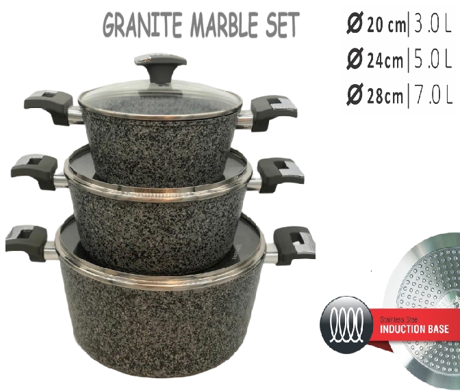 3 PIECE GRANITE DIE-CAST  INDUCTION (20-24-28CM) GREY